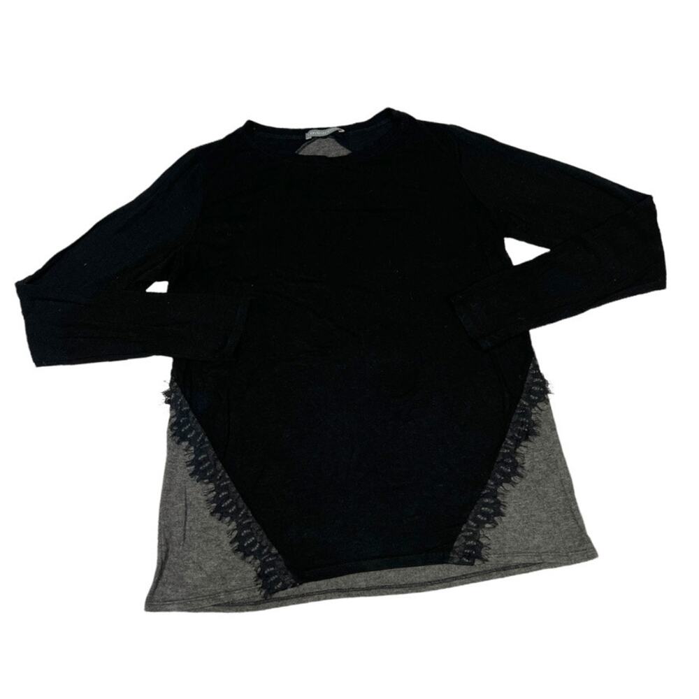 Loveappella Shirt Black Grey Lace Trim Long Sleeve Crew Neck Women's Medium‎
